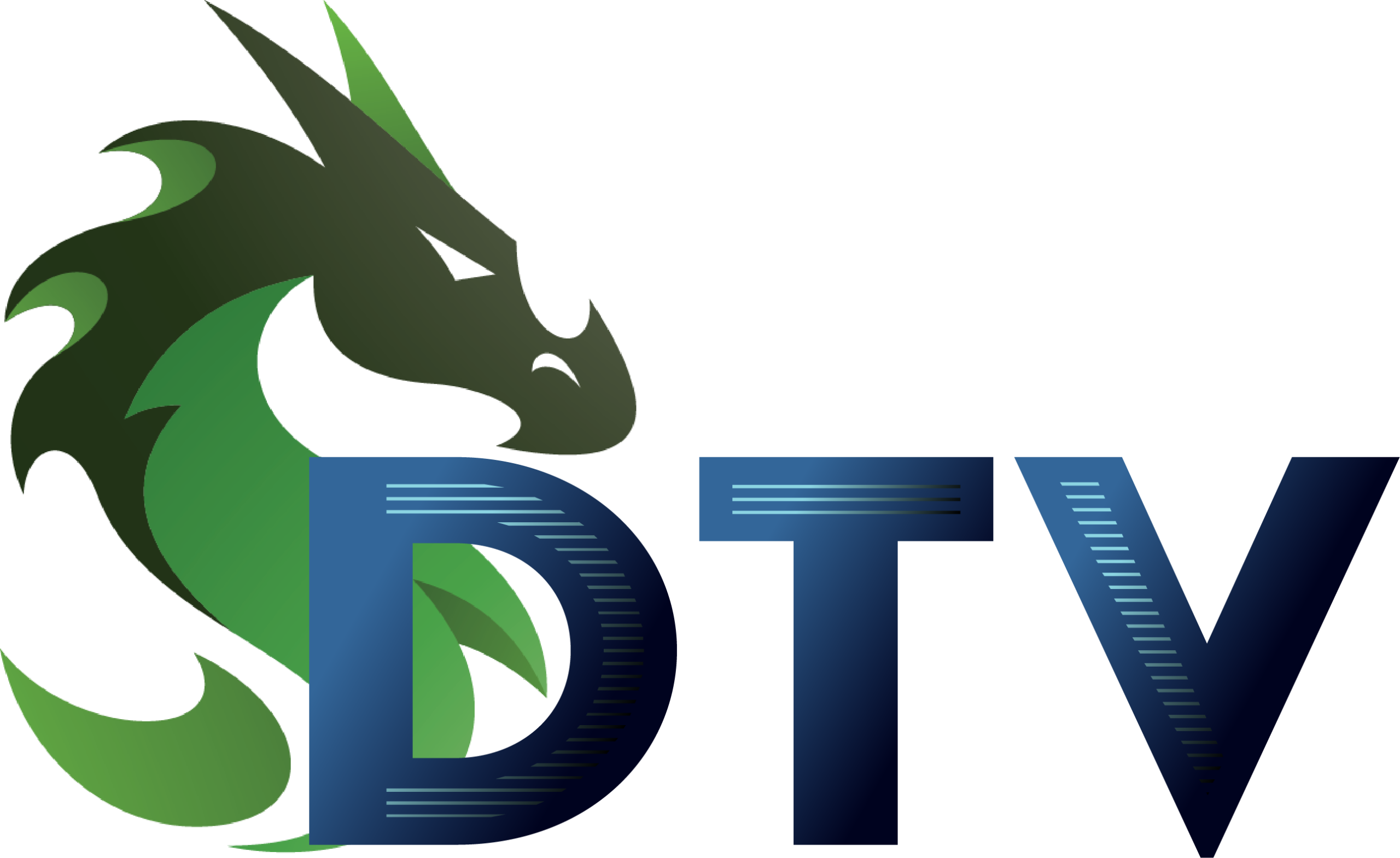 A stylized green dragon overlooks the letters DTV in blue.